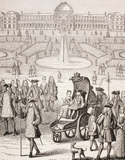 The young King Louis XV promenading in a carriage in the Tuileries Gardens, Paris, from 